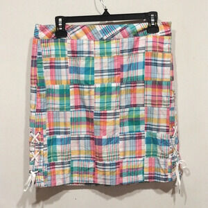 Talbots Women's Madras Plaid Lace Up Sides Mini Pencil Skirt Sz 6 Petite Preppy